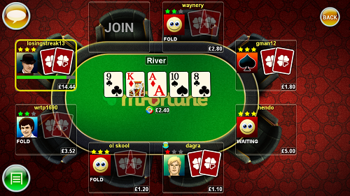 screen shot of mfortune's mobile poker app