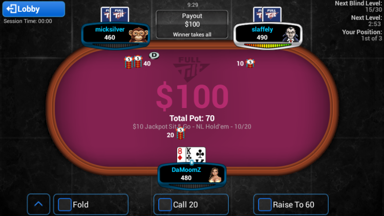 Screenshot of Full Tilt's Jackpot Sit and Go Tournament